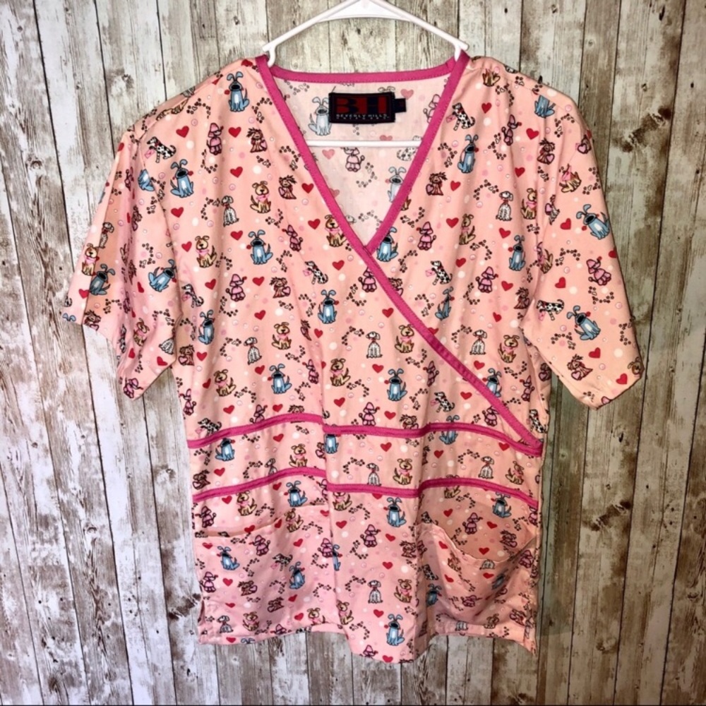 Beverley Hills Uniform pink dog print scrub top